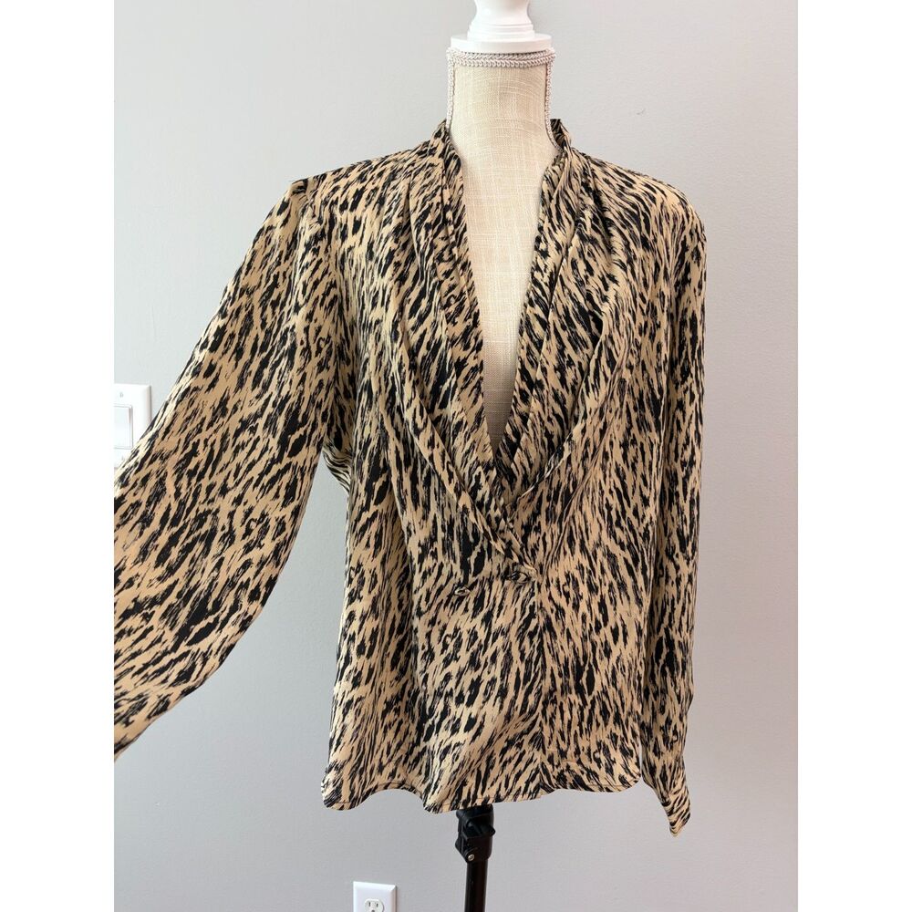 Vintage Allison Taylor 100% Silk Leopard Animal Print Blouse XL Shoulder Pads